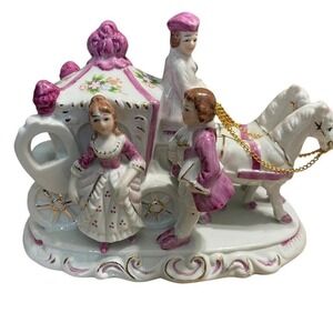 Victorian Style Porcelain Horse Carriage Couple Figurine Pink Decor